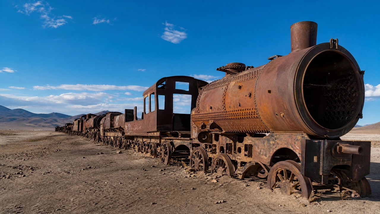 The Train Cemetery is a highland train cemetery near Bolivia's Uyuni Salt Flat, where abandoned 19th-century steam locomotives line the desert, a classic stop on salt flat tours.