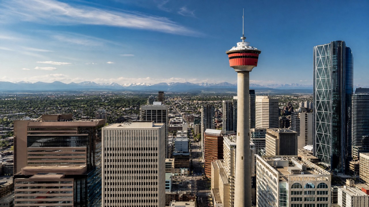 Calgary Tower stands about 191 meters tall, featuring an observation deck and glass floor, making it a landmark for panoramic views of the city skyline.