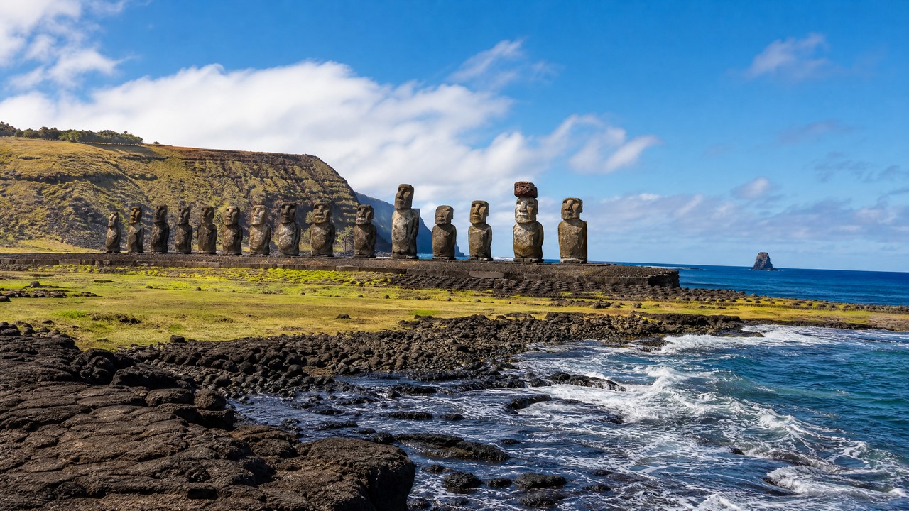 Ahu Tongariki is Easter Island's largest moai complex; 15 giant moai stand upon the altar, making it a sacred spot for sunrise viewing.
